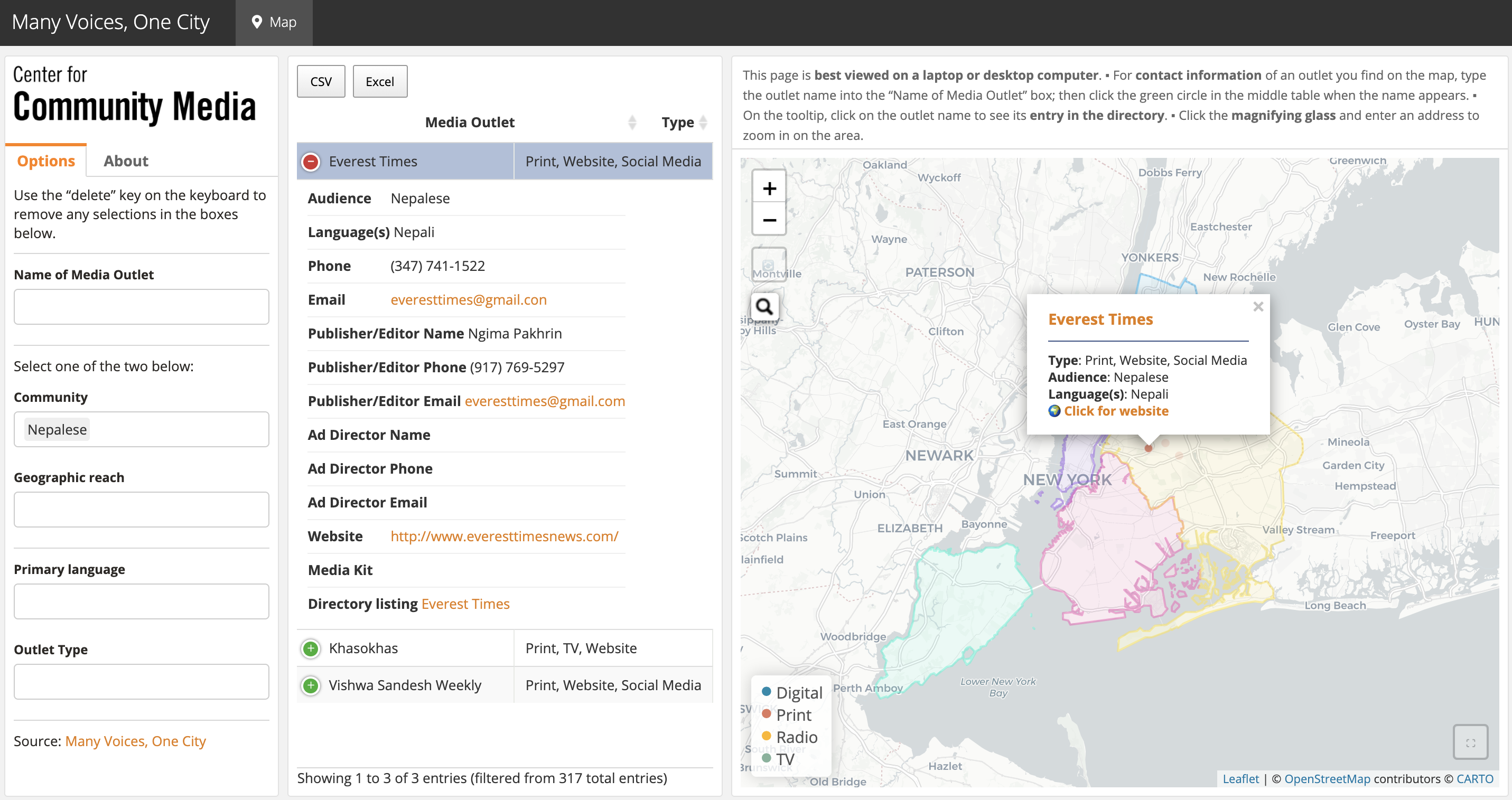 NYC community media map dashboard screenshot